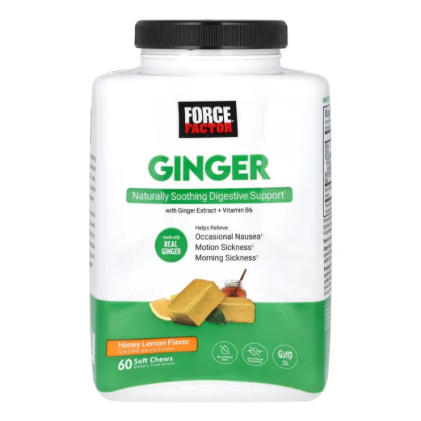 Імбир з вітаміном B6, Ginger with Ginger Extract + Vitamin B6, Force Factor, мед та лимон, 60 жувальних таблеток