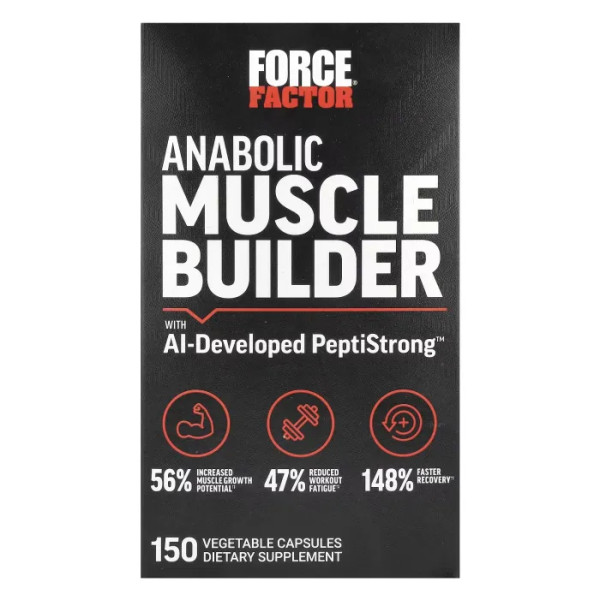 Нарощування м'язової маси, Anabolic Muscle Builder With AI-Developed PeptiStrong, Force Factor, анаболічний комплекс з розробленим штучним інтелектом PeptiStrong, 150 рослинних капсул
