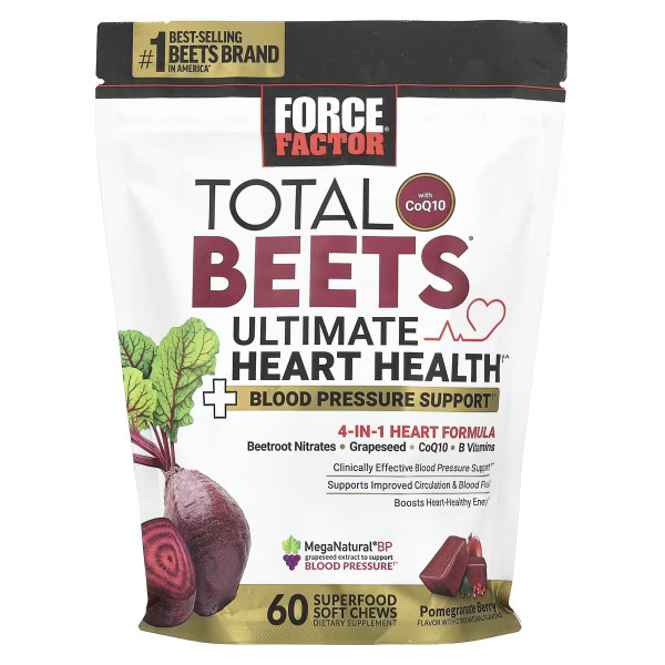 Підтримка кровообігу з коензимом Q10, Total Beets® With CoQ10, Force Factor, Total Beets, гранат, 60 жувальних таблеток із суперфуду
