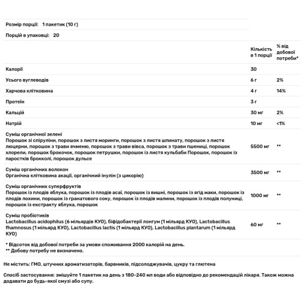 Суперзелень, Organic Super Greens, Nutricost, органічна, без добавок, 20 пакетиків по 10 г