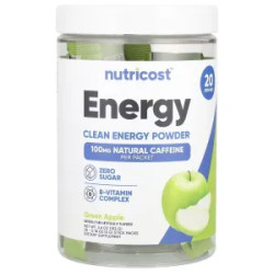 Энергия порошок, вкус зеленое яблоко, Nutricost Clean Energy, 20 пакетиков по 5 г