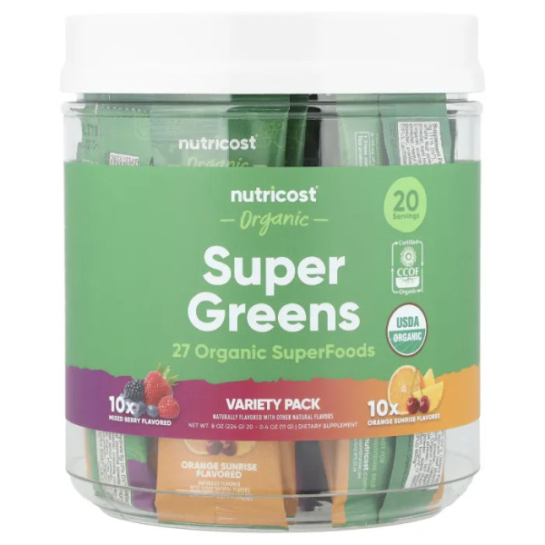 Суперзелень, Organic Super Greens, Nutricost, органічна, асорті, 20 пакетиків по 11 г