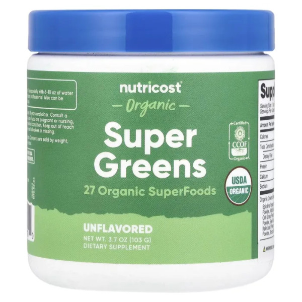 Суперзелень, Organic Super Greens, Nutricost, органічна, без добавок, 103 г