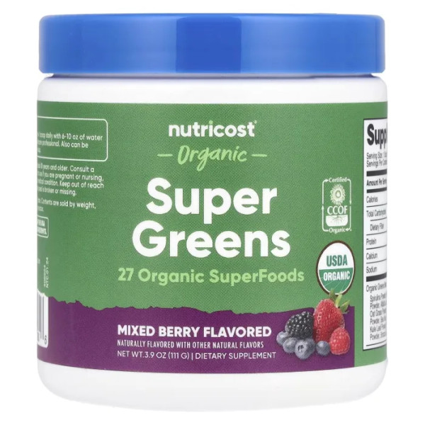 Суперзелень, Organic Super Greens, Nutricost, органічна, ягідне асорті, 111 г