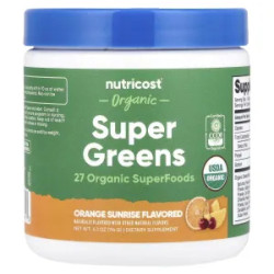 Суперзелень, Organic Super Greens Nutricost, органическая, вкус апельсин рассвет, 114 г