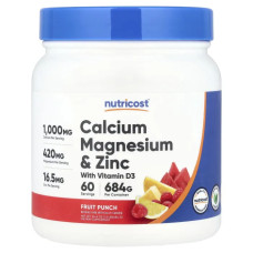 Кальций магний и цинк с витамином D3, Nutricost Calcium Magnesium and Zinc with Vitamin D3, вкус фруктовый пунш, 684 г