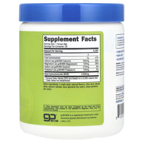 Калієві кетонові солі BHB, Salts goBHB, Nutricost, суміш з кальцієм, натрієм та магнієм, зелене яблуко, 252 г