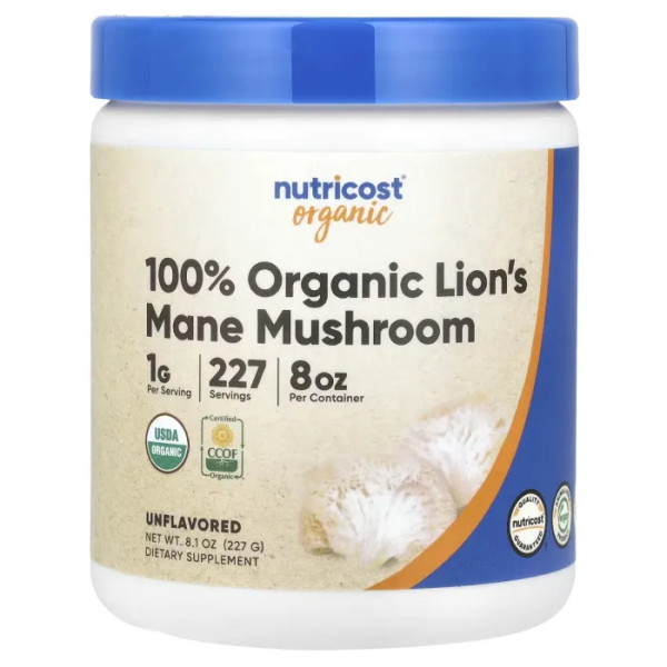 Їжовик гребінчастий, Lion's Mane Mushroom, Nutricost, 100% органічний, без добавок, 227 г