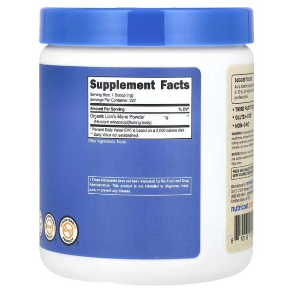 Їжовик гребінчастий, Lion's Mane Mushroom, Nutricost, 100% органічний, без добавок, 227 г