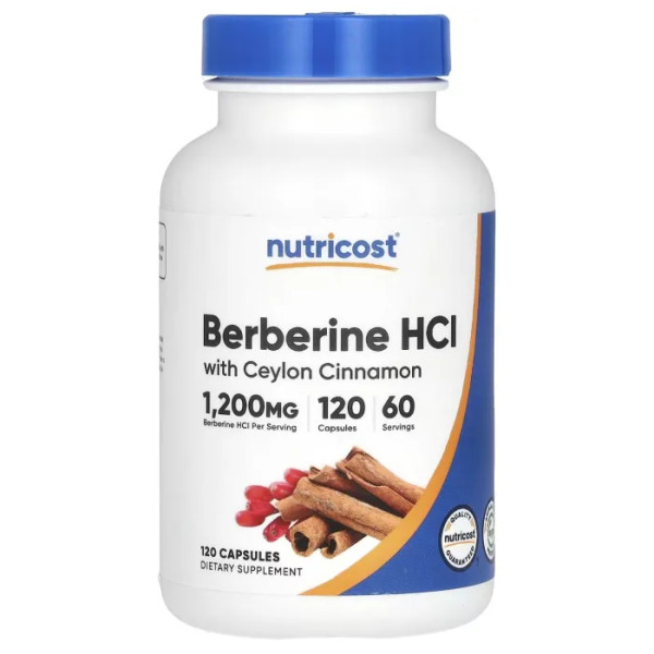 Берберін гідрохлорид, Berberine HCl With Ceylon Cinnamon, Nutricost, з цейлонською корицею, 1200 мг, 120 капсул (600 мг у кожній капсулі)