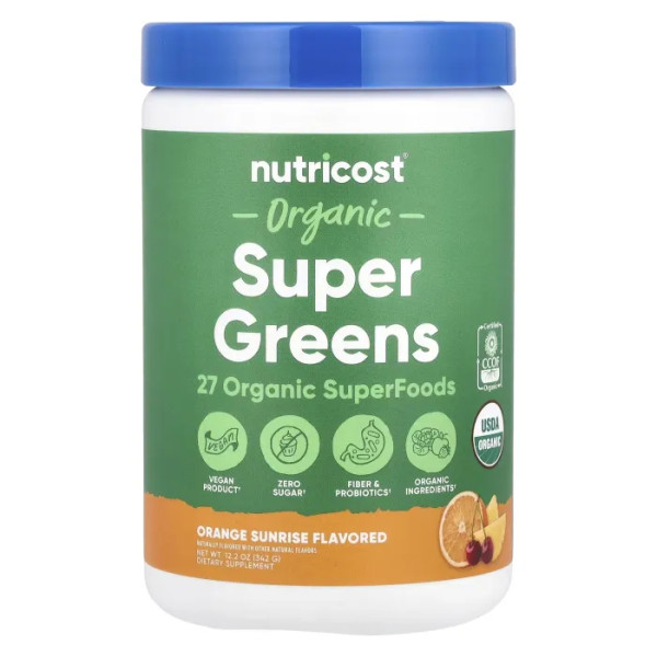 Суперзелень, Organic Super Greens, Nutricost, органічна, апельсин зі сходом сонця, 342 г