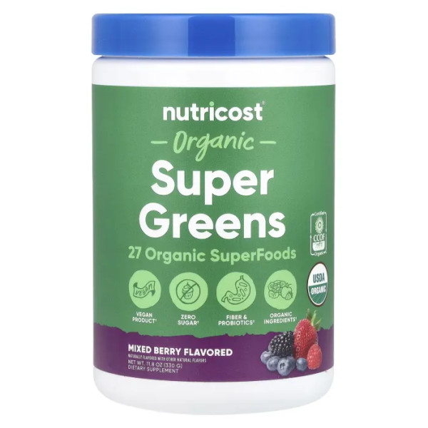 Суперзелень, Organic Super Greens, Nutricost, органічна, ягідне асорті, 330 г