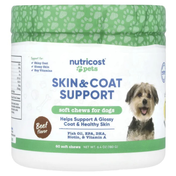 Підтримка шкіри та шерсті, Skin & Coat Support, Nutricost, Pets, для собак, яловичина, 60 жувальних таблеток, 180 г