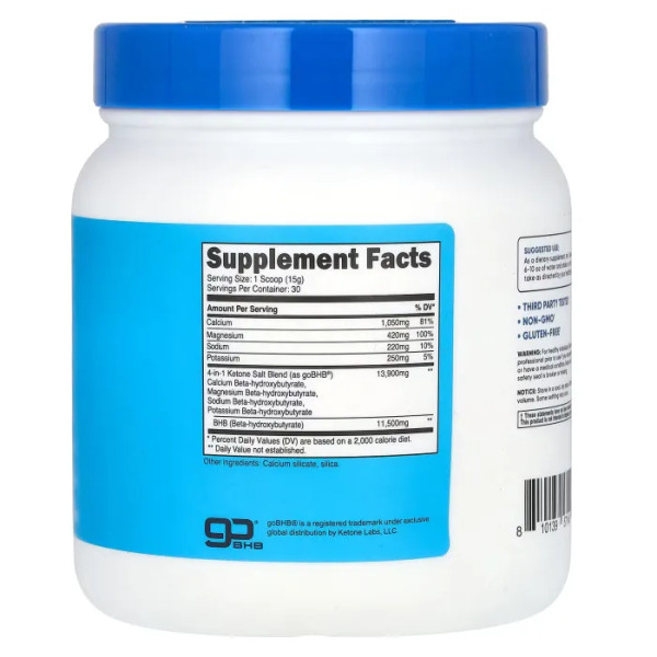 Калієві кетонові солі BHB, Salts goBHB, Nutricost, суміш з кальцієм, натрієм та магнієм, без добавок, 442 г