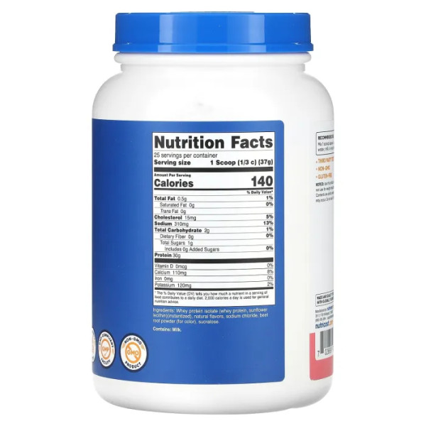 Сироватковий протеїн, ізолят, Whey Protein Isolate, Nutricost, порошок, полуничний молочний коктейль, 907 г