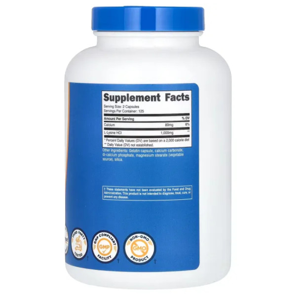 L-лізин, L-Lysine, Nutricost, 1000 мг, 250 капсул (500 мг на 1 капсулу)