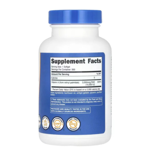 Вітамін А, Vitamin A, Nutricost, 10000 МО, 500 капсул