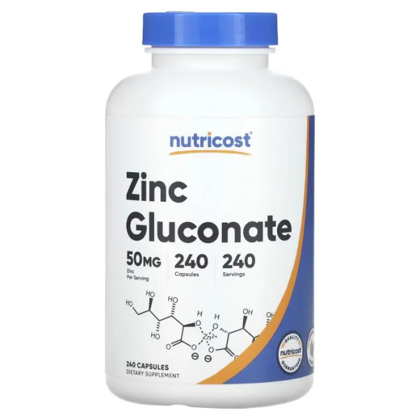 Глюконат цинку, Zinc Gluconate, Nutricost, 50 мг, 240 капсул