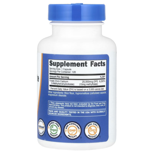 L-метилфолат, L-Methylfolate, Nutricost, 15 мг, 120 капсул