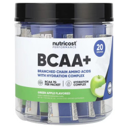 BCAA амінокислоти, смак зелене яблуко, Nutricost Amino Acids BCAA+ Performance, 20 пакетиків по 13 г