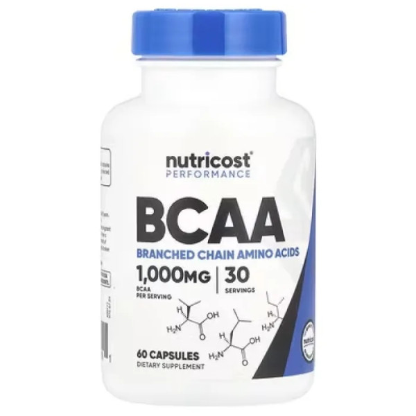 Амінокислоти ВСАА, BCAA, Performance, Nutricost, 1000 мг, 60 капсул (500 мг на капсулу)