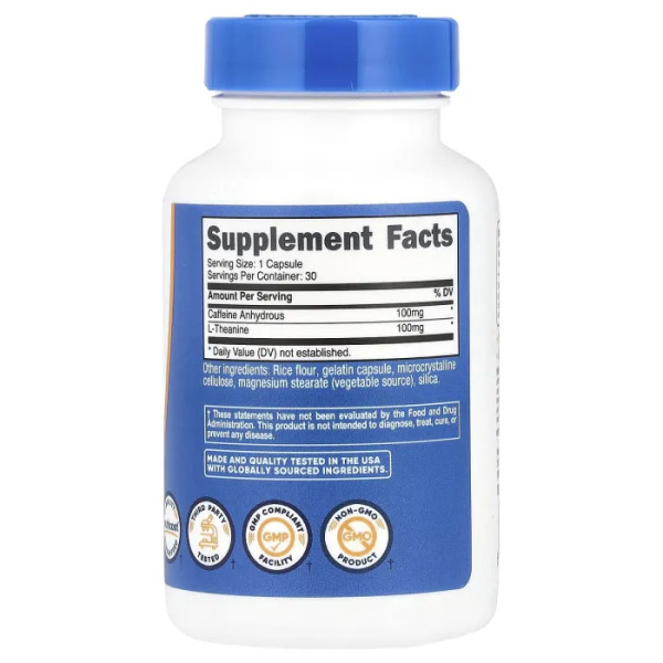 Кофеїн з L-теаніном, Caffeine With L-Theanine, Nutricost, 30 капсул