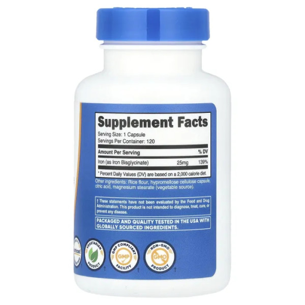Залізо, Iron, Nutricost, 25 мг, 120 капсул
