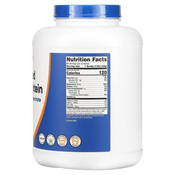 Сироватковий протеїн, Grass-Fed Whey Protein Concentrate, Nutricost, без смаку, 2.268 кг