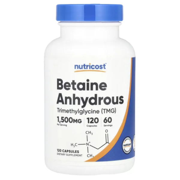Бетаїн, Betaine Anhydrous, Nutricost, безводний, 1500 мг, 120 капсул (750 мг в 1 капсулі)