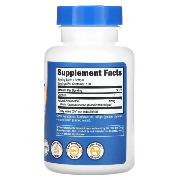 Астаксантин, Astaxanthin, Nutricost, 12 мг, 120 гелевих капсул