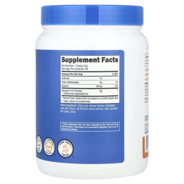 Баобаб, Baobab Fruit Powder, Nutricost, порошок плодів, смак апельсину, 454 г