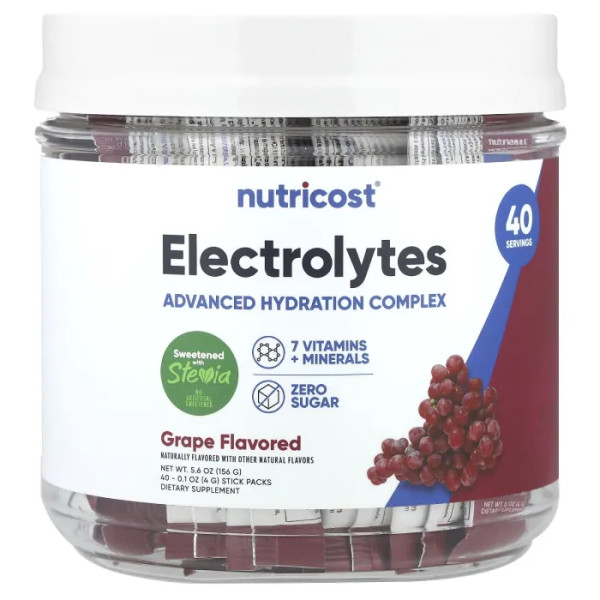 Електроліти, Electrolyte, Nutricost, покращений комплекс для зволоження, виноград, 40 пакетиків у стіках по 4 г
