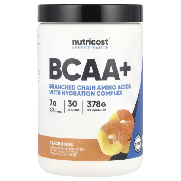 Амінокислоти BCAA+, Amino Acids BCAA+, Nutricost, Performance, персикові кільця, 378 г