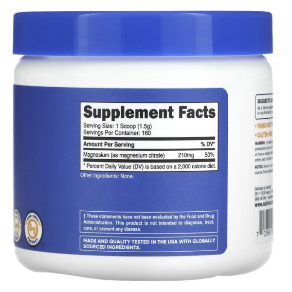 Магній цитрат, Magnesium Citrate, Nutricost, без добавок, 250 г