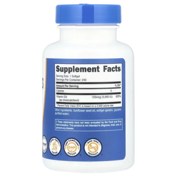 Вітамін D3, Vitamin D3, Nutricost, 125 мкг (5000 МО), 240 капсул
