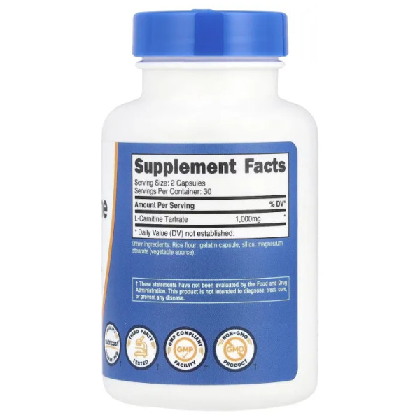 L-карнітин тартрат, L-Carnitine Tartrate, Nutricost, 1000 мг, 60 капсул (500 мг на капсулу)