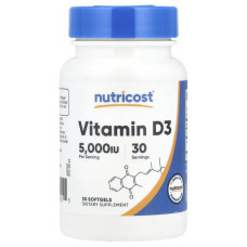 Витамин D3 5000 МЕ, Nutricost Vitamin D3, 30 гелевых капсул
