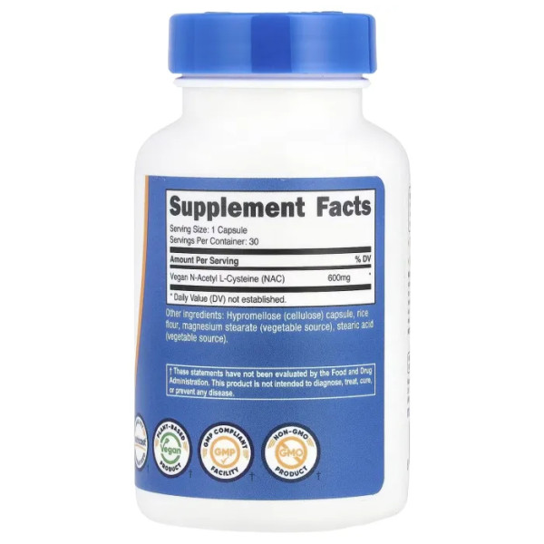 N-ацетил L-цистеїн, N-Acetyl L-Cysteine, Nutricost, 600 мг, 30 капсул