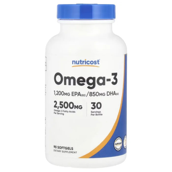 Омега-3, Omega-3, Nutricost, 2500 мг, 90 гелевих капсул (833 мг на 1 капсулу)