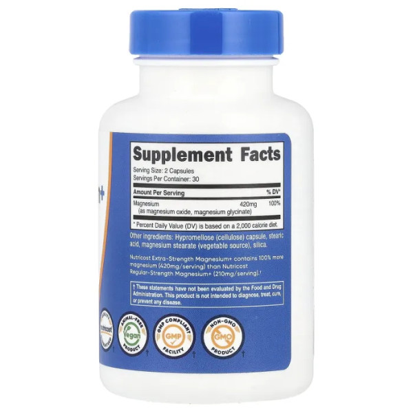 Магній+, Magnesium+, підвищена сила дії, Nutricost, 420 мг, 60 капсул (210 мг на капсулу)
