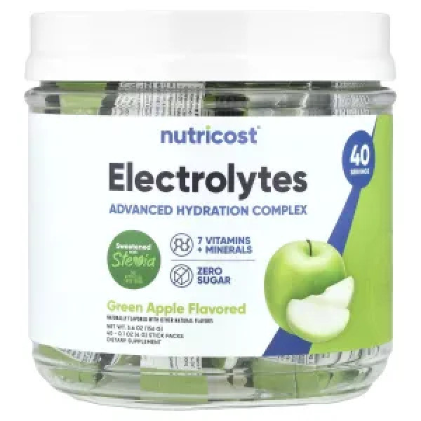 Електроліти, Electrolytes, Nutricost, покращений комплекс для зволоження, зелене яблуко, 40 пакетиків по 4 г