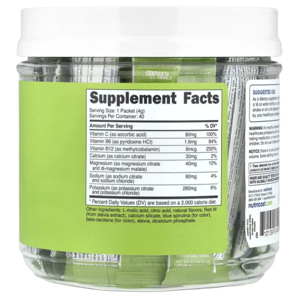 Електроліти, Electrolytes, Nutricost, покращений комплекс для зволоження, зелене яблуко, 40 пакетиків по 4 г