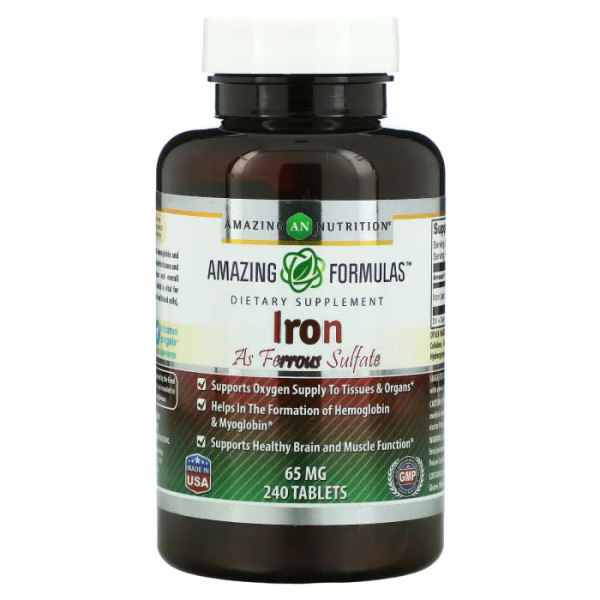 Залізо, Iron, Amazing Nutrition, сульфат заліза, 65 мг, 240 таблеток