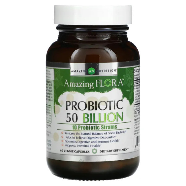 Пробіотик, Probiotic, Amazing Flora, Amazing Nutrition, 50 млрд. КУО, 60 рослинних капсул