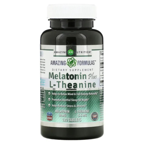 Мелатонін плюс L-теанін, Melatonin Plus L-Theanine, Amazing Nutrition, 10 мг, 120 таблеток