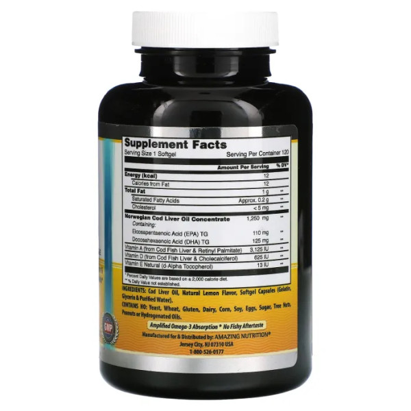 Риб'ячий жир з печінки тріски, Norwegian Cod Liver Oil, Amazing Nutrition, норвезький, смак лимона, 1250 мг, 120 гелевих капсул