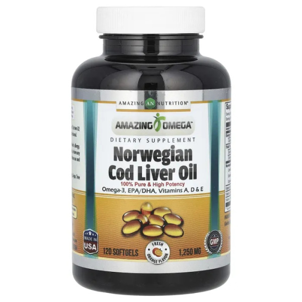 Риб'ячий жир із печінки тріски, Norwegian Cod Liver Oil, Amazing Nutrition, норвезький, смак свіжого апельсина, 1250 мг, 120 гелевих капсул