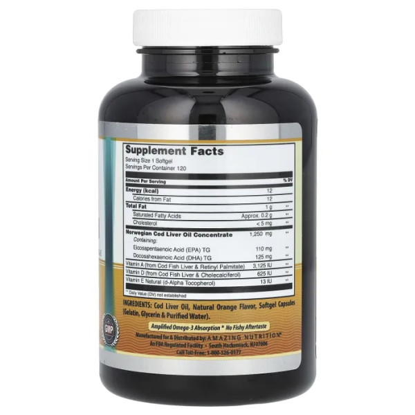 Риб'ячий жир із печінки тріски, Norwegian Cod Liver Oil, Amazing Nutrition, норвезький, смак свіжого апельсина, 1250 мг, 120 гелевих капсул
