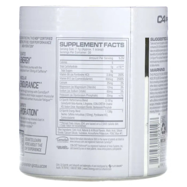 Передтренувальний комплекс, Pre-Workout, Cellucor, C4 Sport, блакитна малина, 213 г