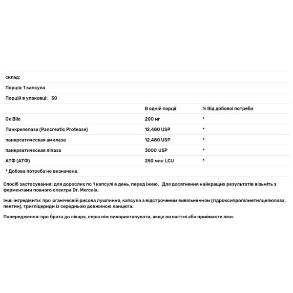 Ферменти, Gallbladder Enzymes, Dr. Mercola, 30 капсул